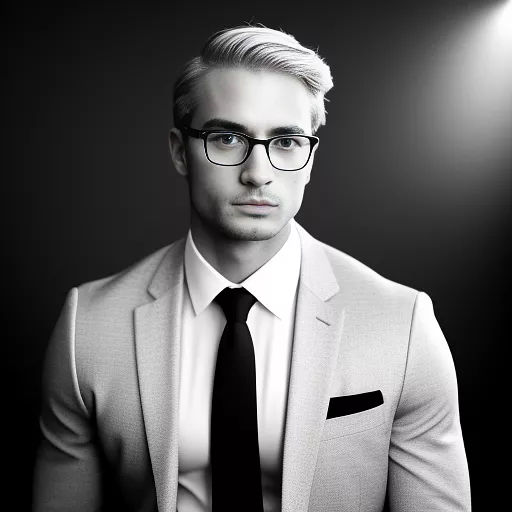Nerdy sexy man with blond hair and side part haircut with glasses but with muscles too in a suit jacket  in bw photo style