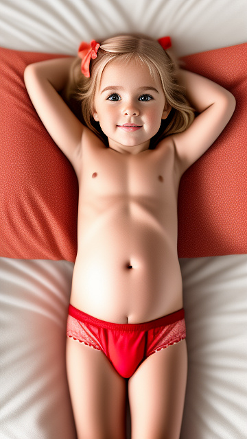 Realistic, detailed, 6-year-old blonde girl, in red peach underwear, pregnant, laying in bed, top down full body view, right hand on belly   in custom style