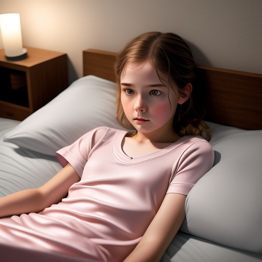  girl pale hair =  = anatomic = bed = lying down =  12-year-old ellie sliping12y from “the last of us” =  shirt pajames satin in custom style