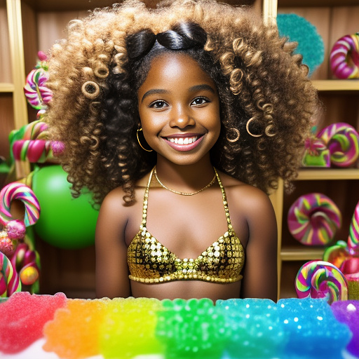 12 year old black girl wearing a gold bikini, curly hair in kids painted style