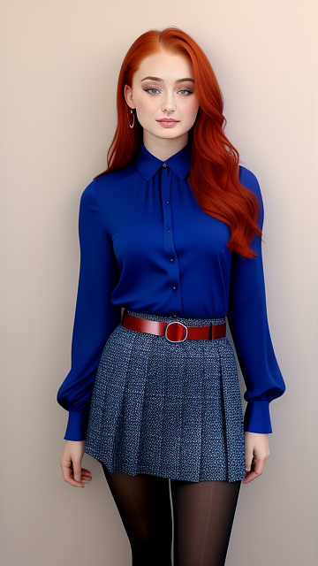 Sophie turner wearing a royal blue blouse with a matching skirt and red belt, wearing black tights and red flats in custom style
