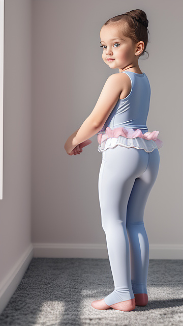 Realistic, highly detailed, very curvy 6-year-old anna-kat otto, wearing a thin ballerina outfit, with a big rear, big front, side view, a large front area in custom style