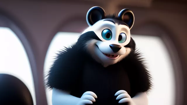 Man transforming into an anthropomorphic skunk in disney 3d style