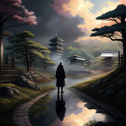 A dark, dramatic youtube thumbnail in anime style, inspired by studio ghibli, with painterly and semi-realistic textures. a lone figure kneeling in silent prayer on the left side of the frame, at the beginning of a dark, shadowy path. the figure wears simple modern clothing, head bowed in humility but with a hopeful expression. in the distance, at the end of the path, a bright, golden light shines, symbolizing god's way and the chance to return. the surrounding landscape is misty and dramatic, with deep blues and purples dominating the sky, while the golden light breaks through the clouds far ahead. the atmosphere feels sacred, urgent, and cinematic, representing the moment of decision and spiritual awakening. hyper-detailed focus on the character and the distant light, with soft brushstroke backgrounds. in anime style