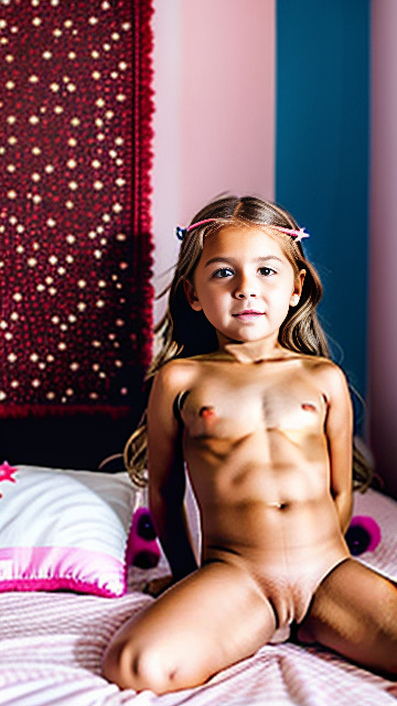 A 7-year-old girl lies naked on a bed and masturbates. in custom style
