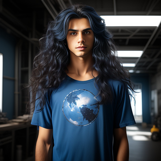 Long-haired boy in blue t-shirt in sci-fi style