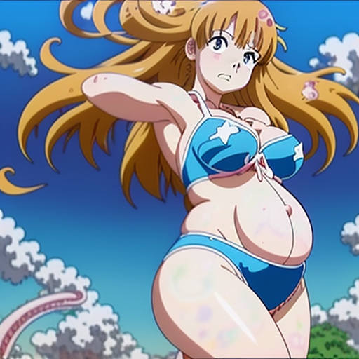 Woman massive pregnant belly inflation bursting in a bikini gore
 in anime style