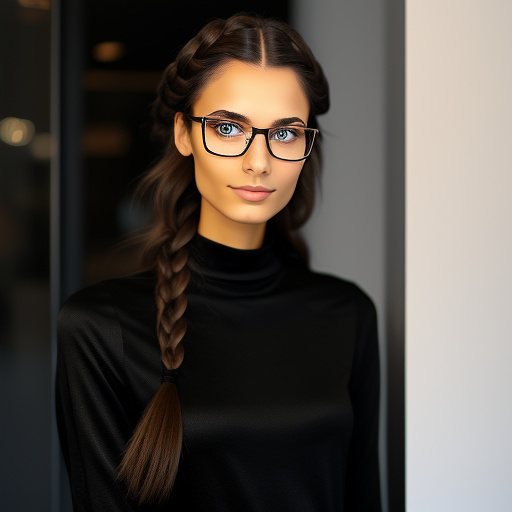 A 22 year old german girl with a black braid with glasses and brown eyes 1.70 tall thin in sexy clothing in custom style