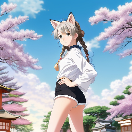 1girl, 2d, masterpiece, high quality, best quality, anime, detailed eyes, detailed face, full body, white hair, medium hair, aqua eyes, fox girl, fox tail, fox ears, ear fluff, small breasts, braid, black shorts, neck ribbon, long sleeves, thigh strap, black boots, mouth open, happy, smile, floating petals in anime style