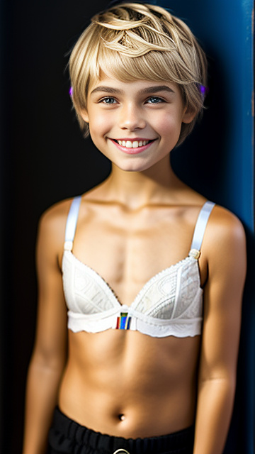 Smiling white, blonde, very cute, girl 9 years old, pixie cut blond hair, bra in custom style
