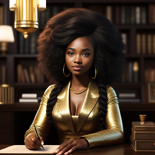 African american chibi woman narrator, elegant and adult-like features, bold eyes, glamorous outfit with golden accents, sitting at a glowing desk with ancient scrolls and a bible open, cinematic lighting.
 in disney painted style