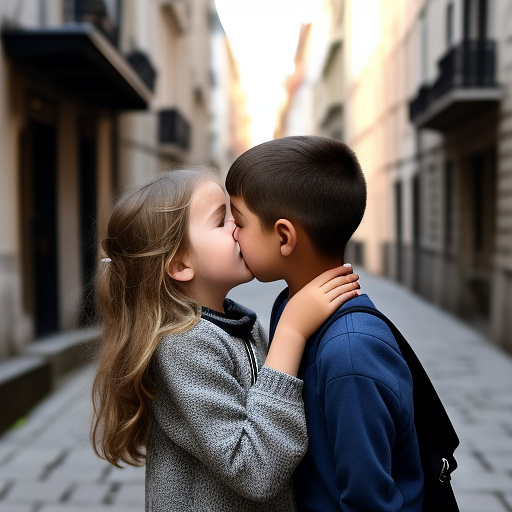 A candid photo-style image of a 11-year-old european girl gently kissing her 11-year-old boyfriend on the cheek while holding her smartphone, natural daylight, city street background, realistic style. in custom style
