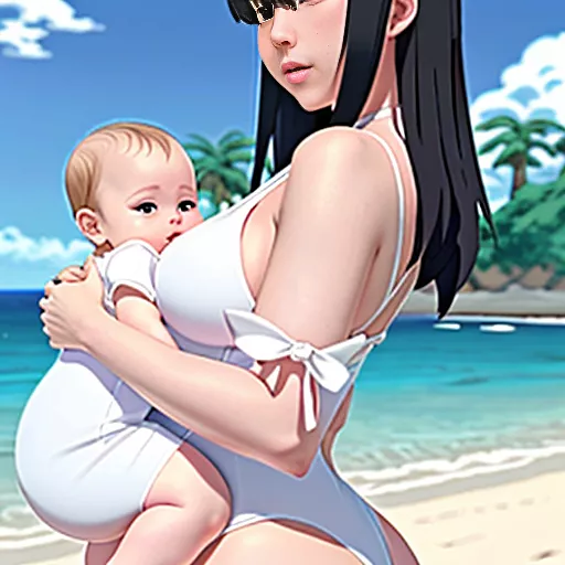 Curvy woman in white swimsuit carrying a baby (boy), from side, full body, in anime style