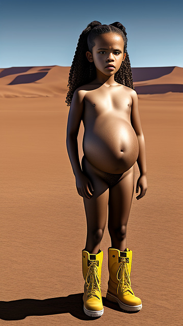 Realistic, hyper-detailed, pregnant, 7-years-old, jenna ortega, desert, yellow boots, nude, angry face in custom style