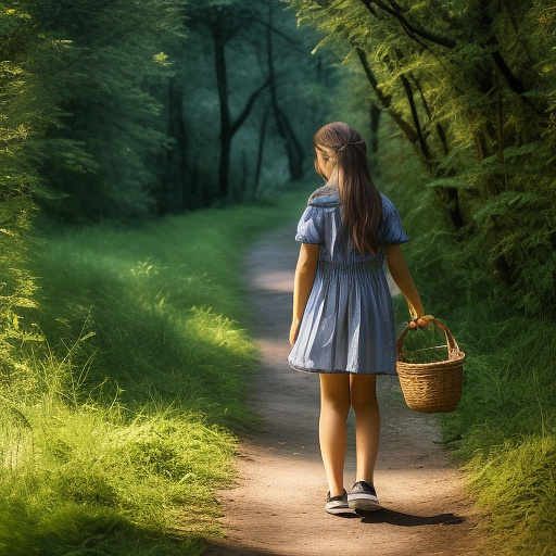 A 9-year-old girl is walking along a forest path. it's evening. she has a basket in her hand. view from behind. in custom style