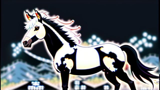 Naked prostitute of the black city riding a white horned horse in anime style