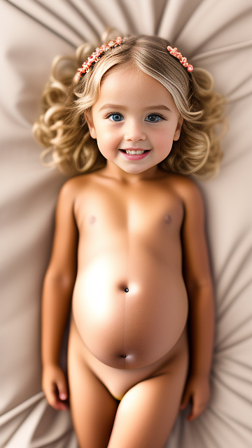 Realistic, detailed, 4-year-old blonde girl, pregnant, tan wedding outfit, showing belly, laying in bed, top down full body view, red blush, tan skin, mouth open  in custom style