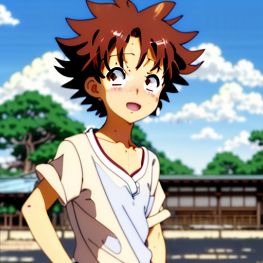 Asian boy with curly hair and wheat skin color in anime style