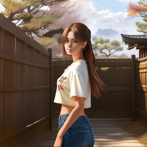 Extremely attractive 13 year old country girl with brown hair and big breasts wearing a really loose, brown, crop top t-shirt with jeans, boots, and a belt standing in front of a wood fence with chipped, white paint. in anime style