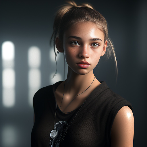 A beautiful 16 year old girl with brown eyes, pale white skin and light brown hair tied into a thick ponytail. wearing a normal black shirt. with a scar on her right cheek.
 in angelcore style