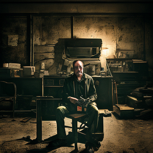 In a dark room, there is a telephone and a gun on the table. a man is sitting on a chair, and he is dead. in custom style