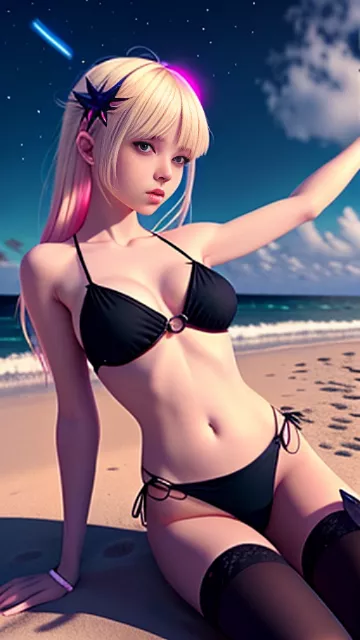 A blonde little girl vampire wearing a bikini on the beach at night, she is spreading her legs in angelcore style