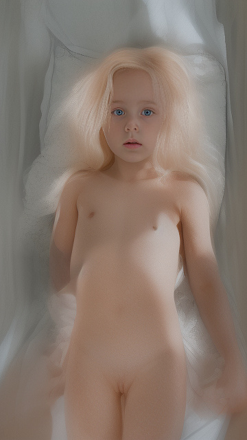 A 7-year-old girl lies naked on a bed and masturbates. in custom style