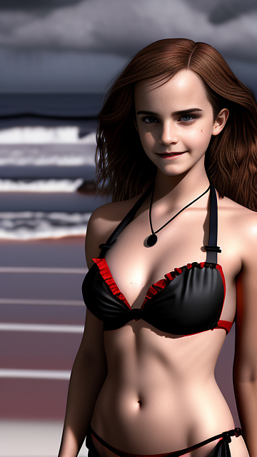 Emma watson wearing a red bikini on a beach, looking at viewer, sinister smile in gothic style