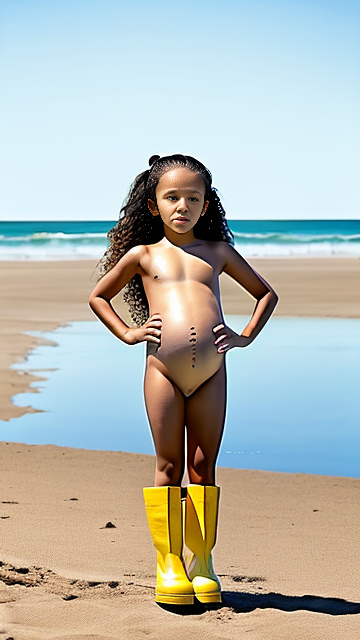 7 years old, pregnant, jenna ortega, yellow boots, beach, completely nude, in custom style