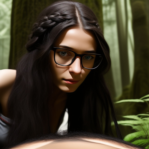 Ultra realistically a 22 year old german girl with a black braid with glasses and brown eyes 1.70 tall thin in the forest has sex with a 40 year old man who penetrates his penis into her vagina his sperm runs out of her vagina in custom style