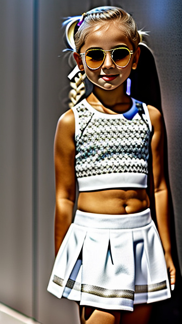 White 7 year old girl, mini skirt, crop top, blond in custom style