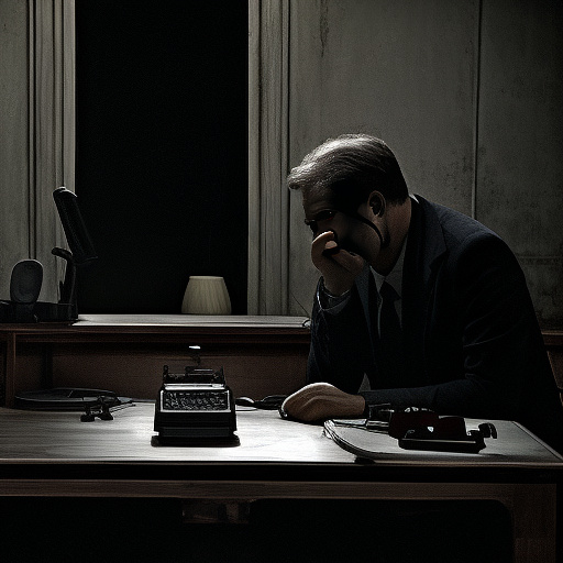 In a dark room, there is a telephone and a gun on the table. a man is sitting on a chair, and he is dead. in custom style