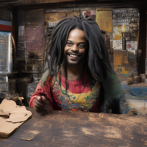 A black rastafarian is sitting on a worktable, smiling happily and smoking. the room is smoky. in custom style