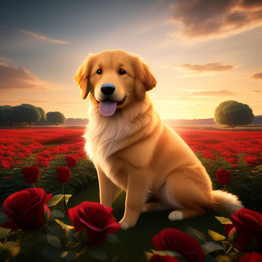 A fluffy golden retriever in a field if red roses at sunset in disney 3d style