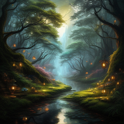 A beautiful lush colorful forest in the middle are fairies meeting each has a pair of fairy wings a different color from the others, moonlight with fireflies in the style of a painting in darkfantasy style