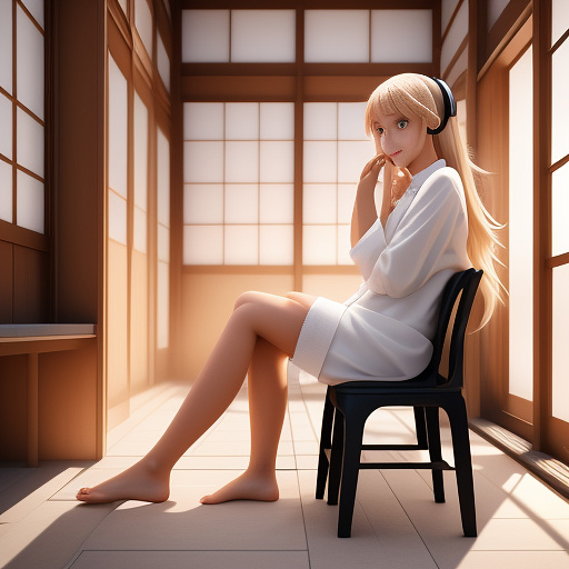 A young blonde woman is sitting with her wrists and ankles bound to a chair with a cloth gag in her mouth looking terrified. a brunette woman stands behind her with an overly wide smile and large vacant eyes forcibly holding large headphones over the blondes ears. in anime style