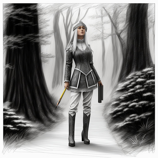 Modest elven fantasy heroine
white hair
forest ranger
baggy pants
lace up shirt
knee high boots
fantasy guardian in pancil style