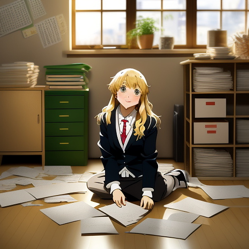 Golden retriever sitting guiltily beside shredded paper labeled “resolutions,” cozy indoor winter setting, soft natural light, humorous tone, photorealistic. in anime style
