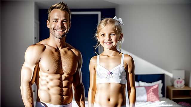 White, blonde, very cute, flat chest, girl 6 years old, skimpy bra , skimpy underwear , smiling, bedroom, standing next to uncle, both people shown in picture, in custom style