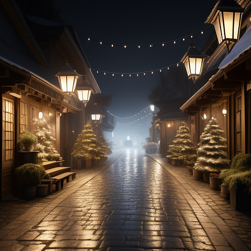 Night, dark, lanterns are shining, a quiet empty street in the style of the city of suzdal, shops, fog, buildings, november, trees, bushes, detailed drawing, cozy, atmospheric in sci-fi style