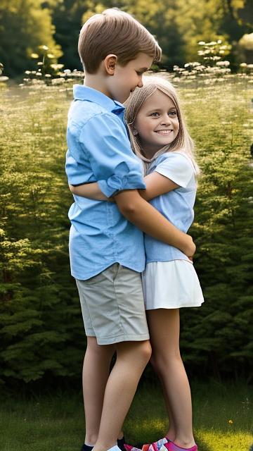 A romantic moment between swedish childhood couple. the grade-4 boy is groping the hips of grade-4 girl. side view. in custom style