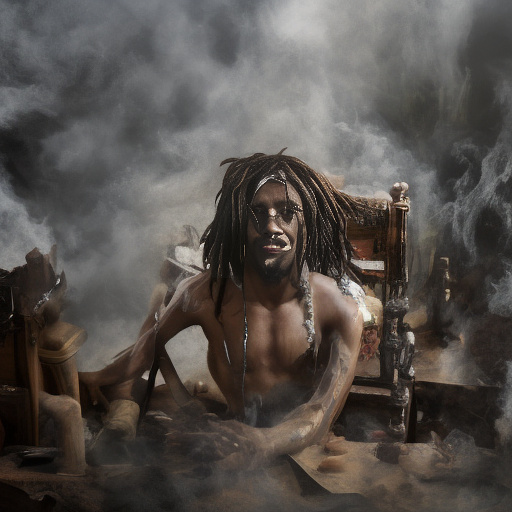 A black rastafarian is sitting on a worktable, smiling happily and smoking. the room is smoky. in custom style