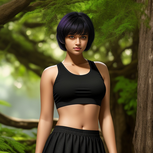 A 18 years old girl,wearing black small crop top,large breasts and ass,purple eyes,black short hair,beautiful and delicate,cute,short skirt. in realistic style