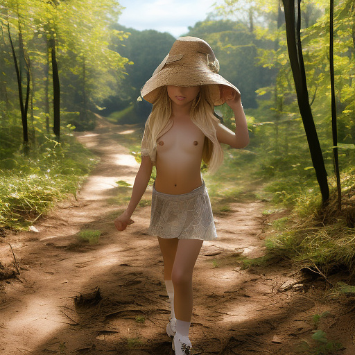 A 9-year-old girl is skipping along a forest path. she has a basket in her hands and a sun hat on her head. she's naked in custom style