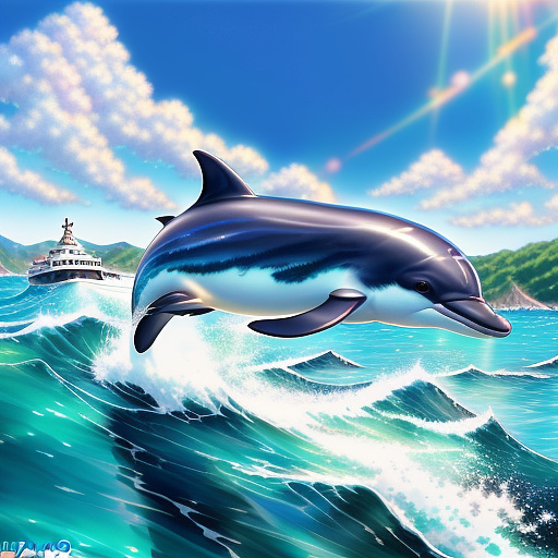 Photorealistic image of a dolphin jumping over a motor boat in anime style