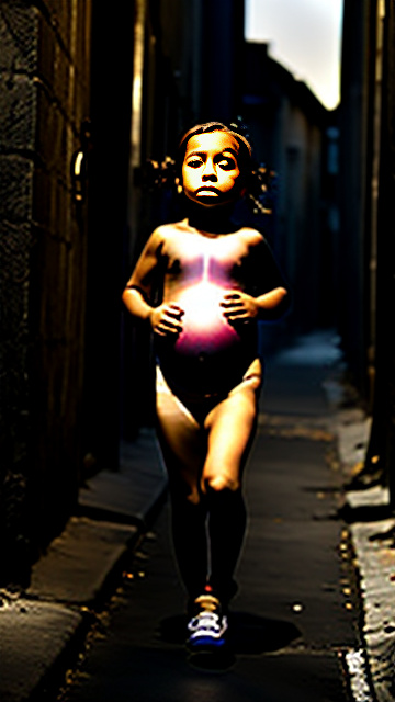 7-years-old, pregnant, nude, running, alleyway in custom style