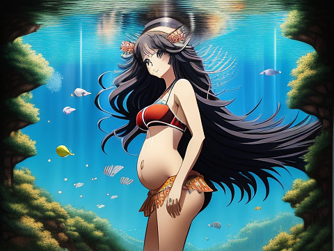 Latino woman with long black hair, and large firm breasts, and big wide hips. she has a lionfish mermaid tail from the waist down. she has a matching lowcut top. she is floating underwater, with her hair circled around her head. she is smirking. she is pregnant with a huge gigantic belly that is several feet around in width.  in anime style