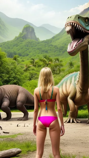 Realistic, detailed, looking back at the camera, smiling, happy, view from behind, wearing a colorful bikini, petite, blonde, 14-year-old girl

the setting is prehistoric, surrounded by dinosaurs  in custom style