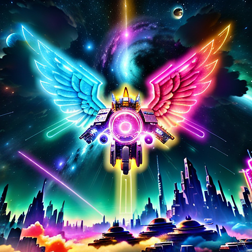 A cheerful transformer flies through space against the backdrop of planets. in angelcore style