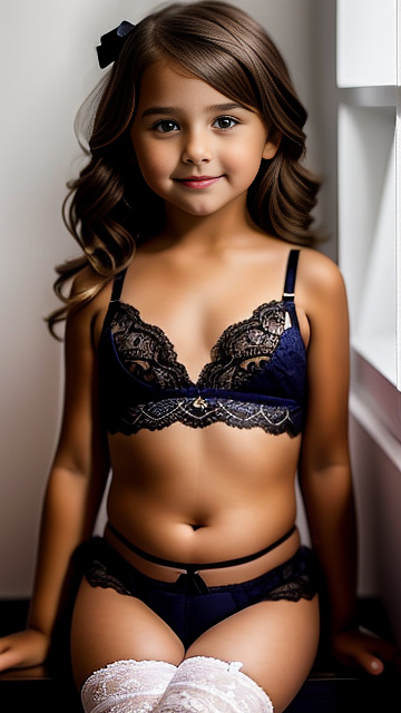 7 year-old with big breasts, cute, revealing lace bra, caucasian, lace stockings in custom style